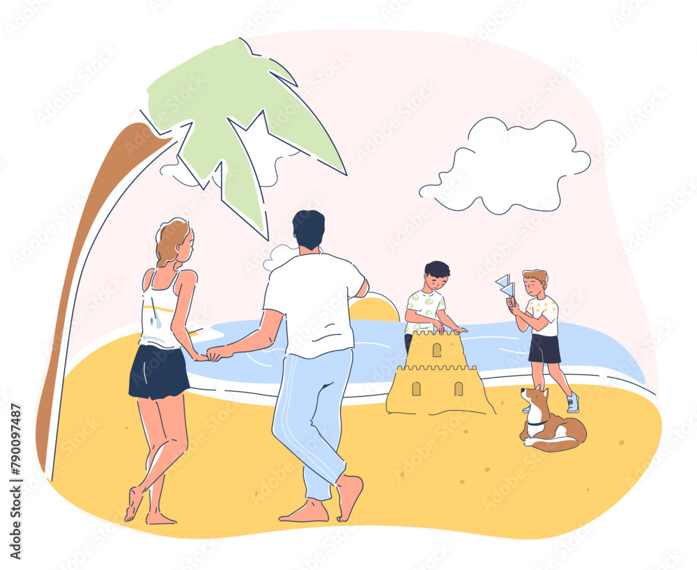Family enjoying day at the beach, children building sandcastle, line art style illustration on pastel background, depicting summer leisure outdoors activities. Modern flat creative vector illustration