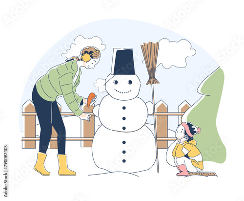 Wallpaper Mural Concept of winter leisure outdoors activities. Mother and daughter building a snowman together in a winter scene, line art style vector illustration on a light background, concept of winter activities Torontodigital.ca