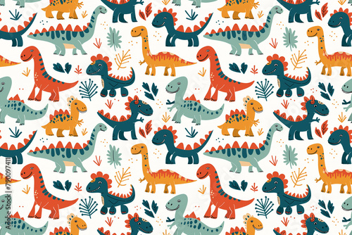 playful dinosaur pattern with a colorful palette on white