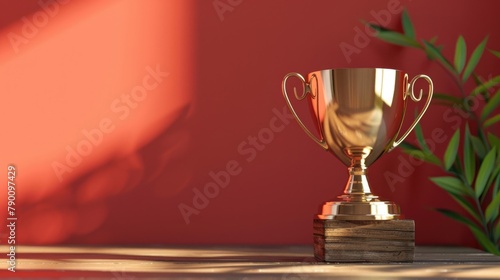 Golden trophy cup with red wall background.