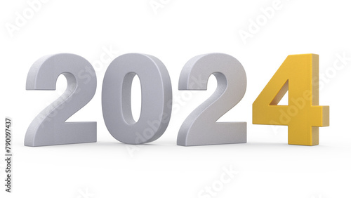 New Year 2024 Grey and Yellow 3d Lettering Isolated White Background 3d Rendering (ID: 790097437)