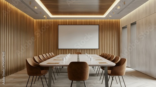 conference room with an screen on the wall, a large rectangular table and 12 brown chairs around it, a white ceiling, a lighting on the ceiling in a light, walls in a white and wood color, no window