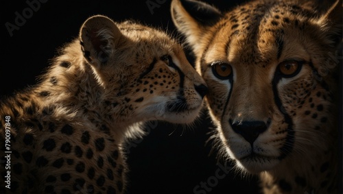 A mesmerizing close-up of a cheetah and its cub looking in the same direction, illuminated by dramatic light