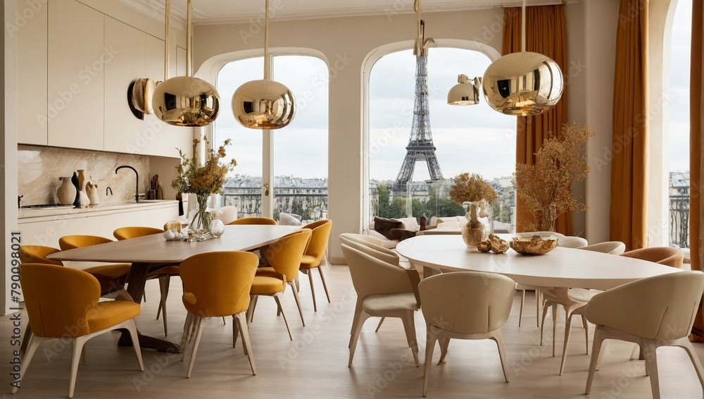 Chic dining room decorated with pops of yellow, elegant furniture, and a stunning view of the Eiffel Tower Chic dining room decorated with pops of yellow, elegant furniture, and a stunning view of the Eiffel Tower