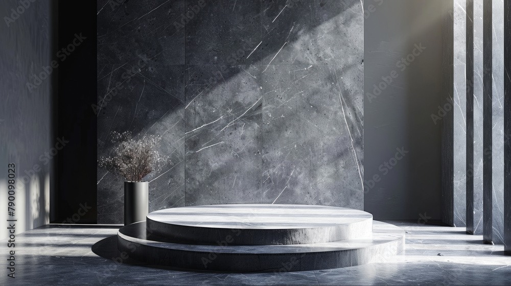 Innovative product showcasing podium design with geometric shapes and depth-enhancing shadow. Innovative product showcasing podium design with geometric shapes and depth-enhancing shadow.