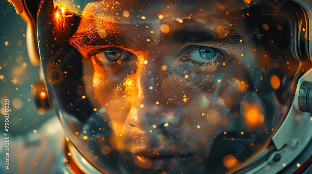 An astronauts visor, a mans eyes drawn to something in the distance, amidst the cosmic backdrop, Fashion photography style, realistic photos An astronauts visor, a mans eyes drawn to something in the distance, amidst the cosmic backdrop, Fashion photography style, realistic photos