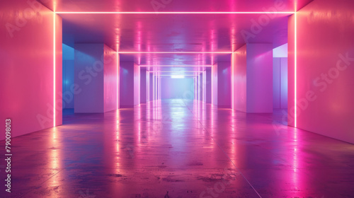 Modern architecture in a blank room with sleek neon lighting, creating a futuristic and minimalist atmosphere.