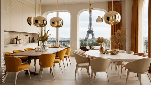 Chic dining room decorated with pops of yellow  elegant furniture  and a stunning view of the Eiffel Tower