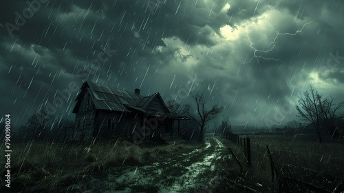 Tempest Over the Homestead,
In this evocative scene, an isolated homestead stands under the foreboding sky of an impending storm, with lightning piercing the darkness, photo