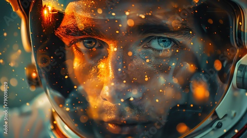 An astronauts visor, a mans eyes drawn to something in the distance, amidst the cosmic backdrop, Fashion photography style, realistic photos