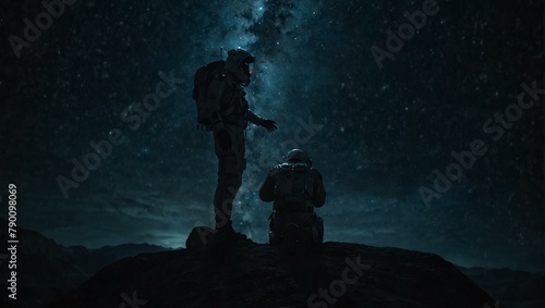 Two astronauts explore a rocky extraterrestrial landscape under a star-filled sky, evoking themes of discovery and companionship