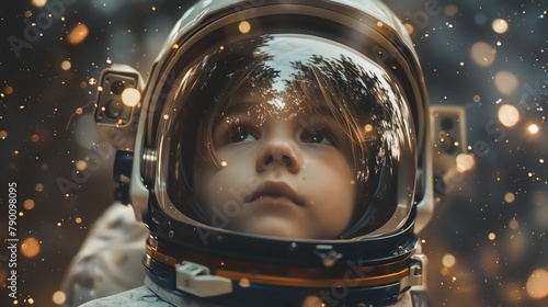 An astronauts helmet, a boys gaze transfixed on the celestial bodies floating in the blackness beyond, Fashion photography style, realistic photos photo