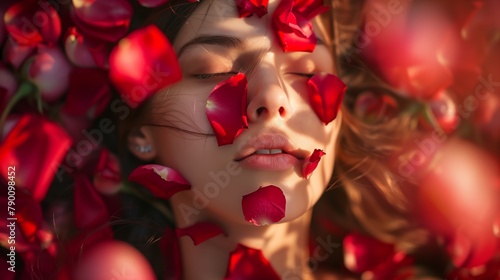 Woman close up face with full of rose petals © Vahram