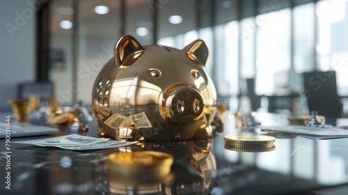 Piggy bank is golden  shiny  and sits on a dark wooden desk. Golden piggy bank shines on a desk with dollars and coins.