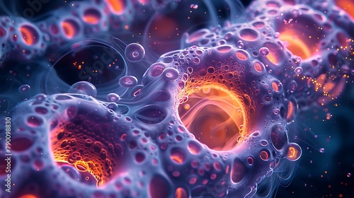 Explore the surreal landscape of a plant cell vacuole  where fluid-filled vesicles shimmer like pools of liquid light.