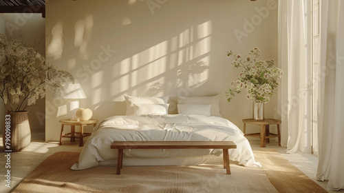 A warm white bedroom with brilliant furnishings and natural wooden tables in a contemporary style house interior backdrop.