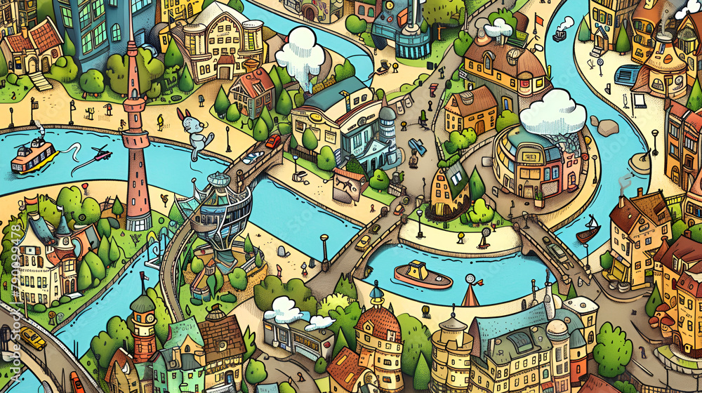Hand-Drawn Cartoon Style Map with Intricate Details Hand-Drawn Cartoon Style Map with Intricate Details
