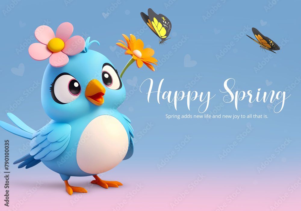 Happy spring background with 3d rendering blue bird cartoon character and butterflies Happy spring background with 3d rendering blue bird cartoon character and butterflies