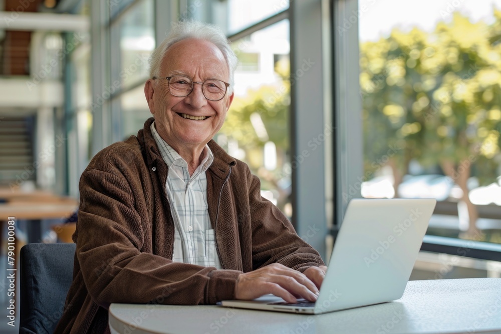 Portrait of a smiling senior businessman using a laptop in a modern office. Portrait of a smiling senior businessman using a laptop in a modern office.