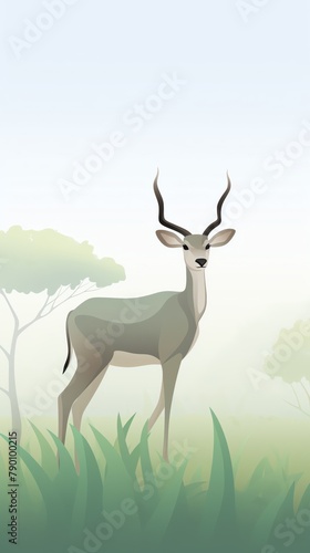 Kudu in brush, muted greens, early dawn 2D, flat design