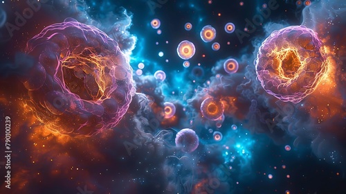 Explore the surreal landscape of a plant cell's cytoplasm, where organelles drift like celestial bodies in a vast universe. photo