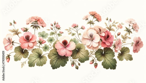 Fototapeta Naklejka Na Ścianę i Meble -  Watercolor Illustration of an 'Ann Folkard' Geranium Floral Border