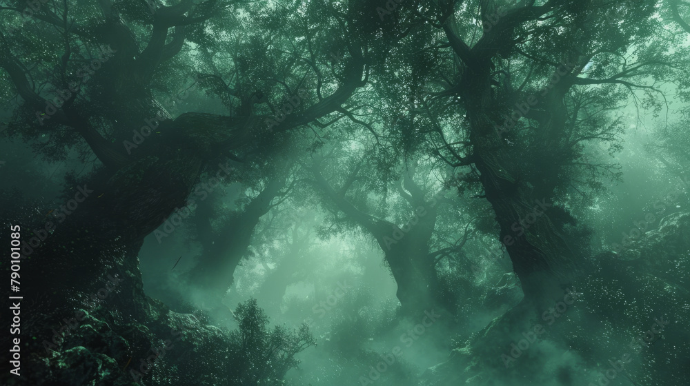 Mysterious, enchanted forest shrouded in mist with ancient trees beckoning curious wanderers to uncover secrets.