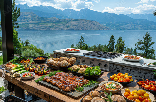 Large buffet table is set up outside with beautiful view of the lake. © Vadim
