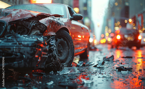 Wrecked car sits on wet city street after collision with another vehicle.