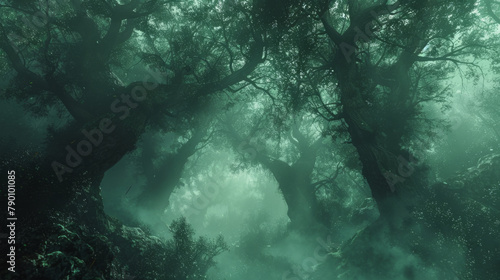 Mysterious  enchanted forest shrouded in mist with ancient trees beckoning curious wanderers to uncover secrets.
