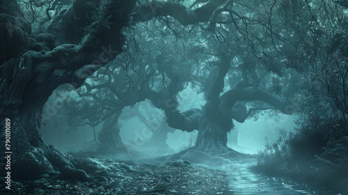 Mysterious forest enveloped in mist, with ancient trees seemingly whispering secrets to daring wanderers. photo