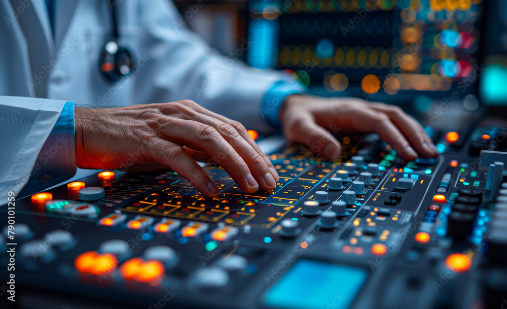 Professional audio engineer and producer working on mixing console in the recording studio hands close up Professional audio engineer and producer working on mixing console in the recording studio hands close up