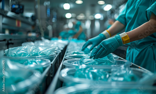 Close-up of worker's hands packing surgical masks in sterile container.