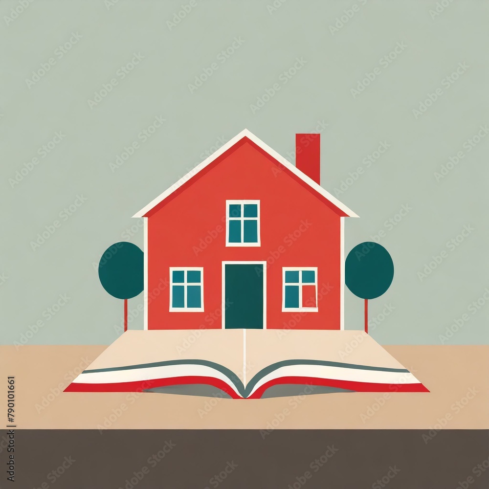 logo en dessin ia d'une maison rouge et verte posée sur un livre ouvert logo en dessin ia d'une maison rouge et verte posée sur un livre ouvert