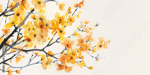 Tree branches with yellow flowers frame on white beige background. Concept of romantic evening scene. Copy space