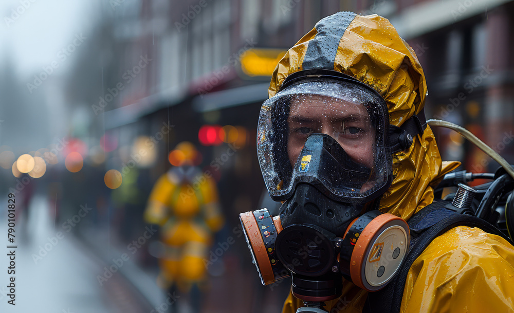 Man in yellow hazmat suit stands in the rain on city street. Man in yellow hazmat suit stands in the rain on city street.