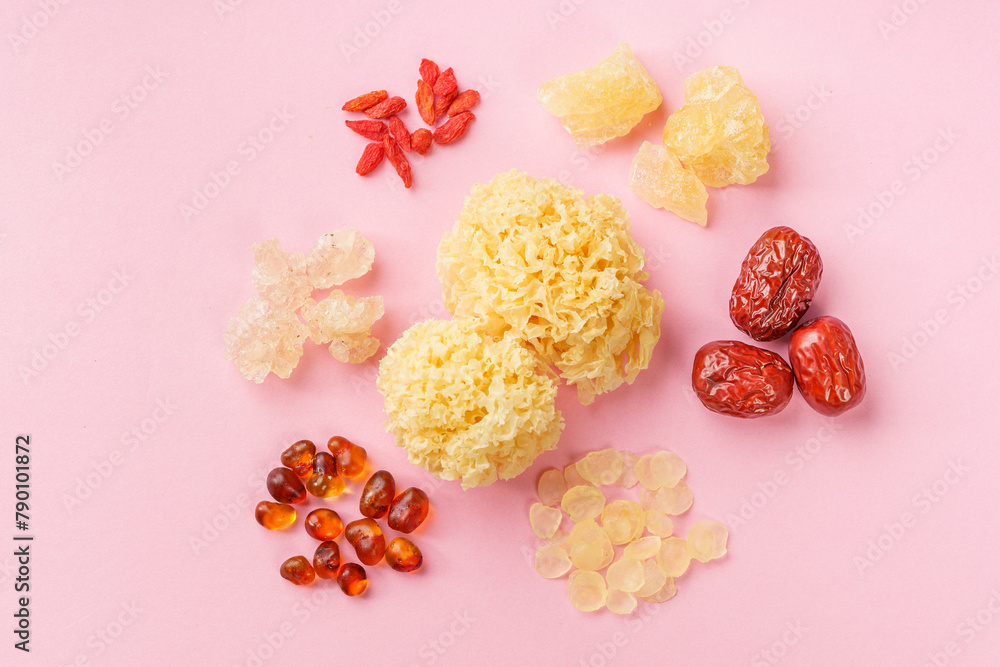 Peach Gum Soup Ingredients on a Monochrome Background Peach Gum Soup Ingredients on a Monochrome Background