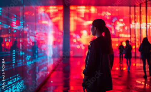 Woman looking at the digital screen in the futuristic tunnel with many glowing lights