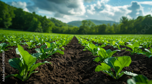 Rows of young green plants on fertile field with dark soil in low angle view with focus to the plants