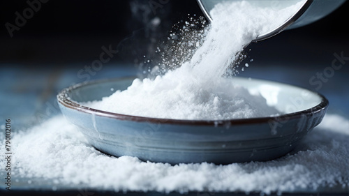 sugar powder in a bowl on a wooden table, close-up