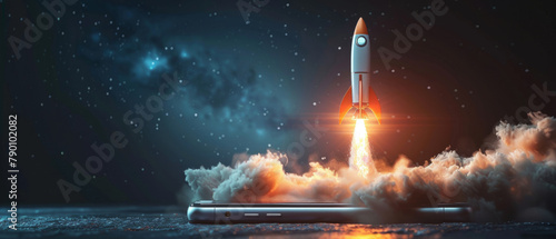 An illustration of a rocket launching from a mobile phone screen, symbolizing advancement and innovation in technology. © ChubbyCat