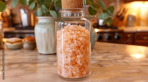 gourmet salt crystals in a clear glass bottle, adding a touch of refinement to a well-lit kitchen setting