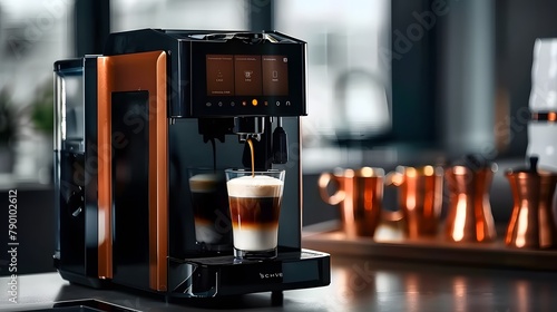 In the office, a modern machine with a coffee cup. photo