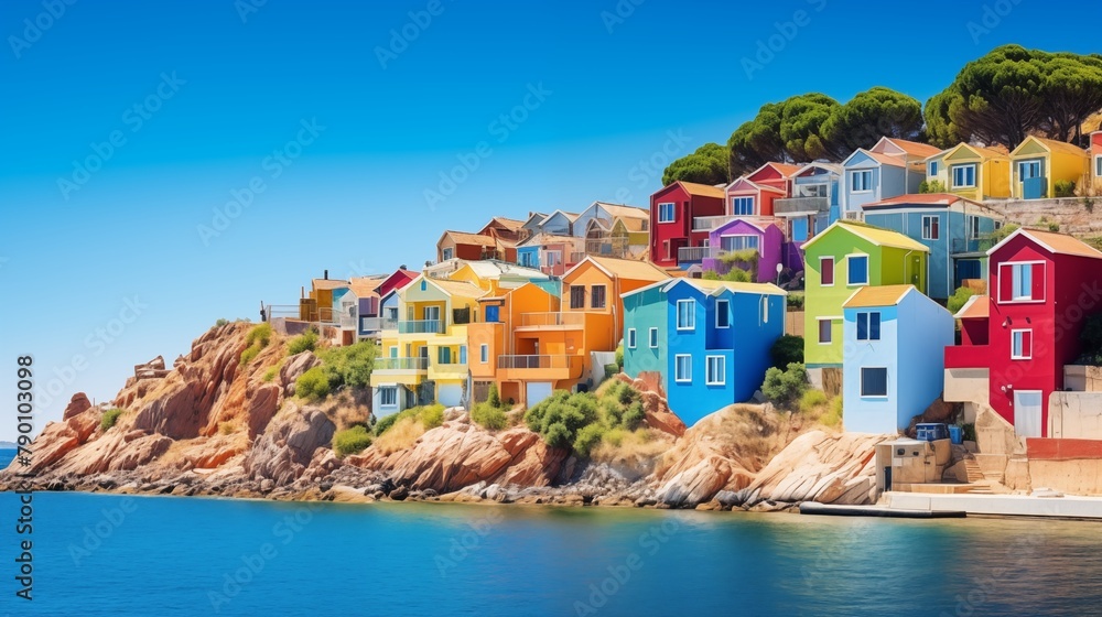 Dreamy village boasts vibrant houses perched by the sea.
