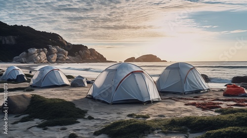Tents pitched on secluded beachfronts offer coastal camping experiences amidst serene natural surroundings and the soothing sound of waves crashing ashore. 