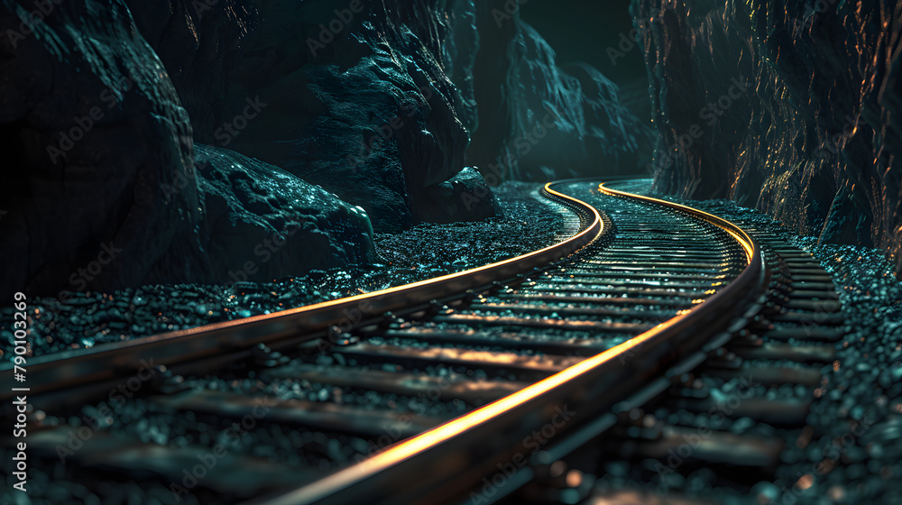 A railway with shining tracks. snaking like a rugged mountain pass. The background is obsidian black. High contrast color film quality - obrazy, fototapety, plakaty 