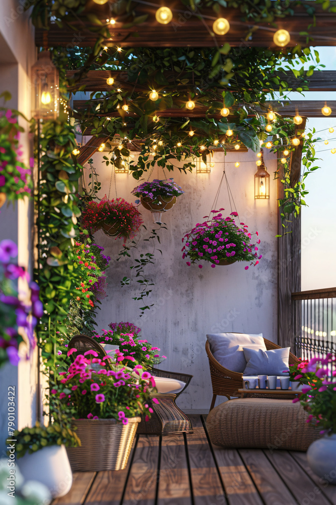 Naklejka premium Boho Chic Patio: Hanging Florals & String Lights Ambiance