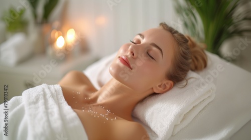 Relaxed Woman on Spa Bed with Candles and Plants  Smiling