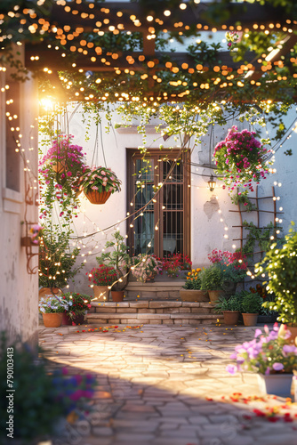 Boho Chic Patio  Hanging Florals   String Lights Ambiance