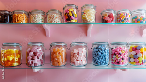 A range of porcelain jars containing different types of candies. including gummies and chocolates